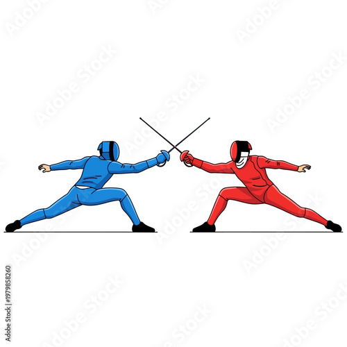 Two Fencers in Blue and Red Suits Duel with Swords on White Background