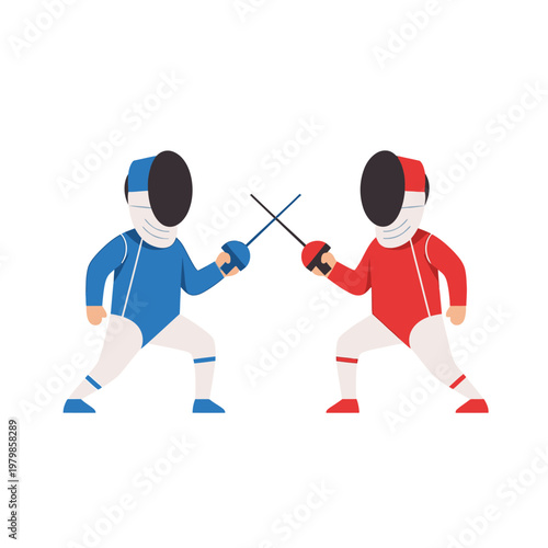 Two Fencers in Blue and Red Uniforms Sparring with Swords