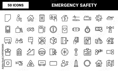 Minimalist emergency safety and disaster relief line icons