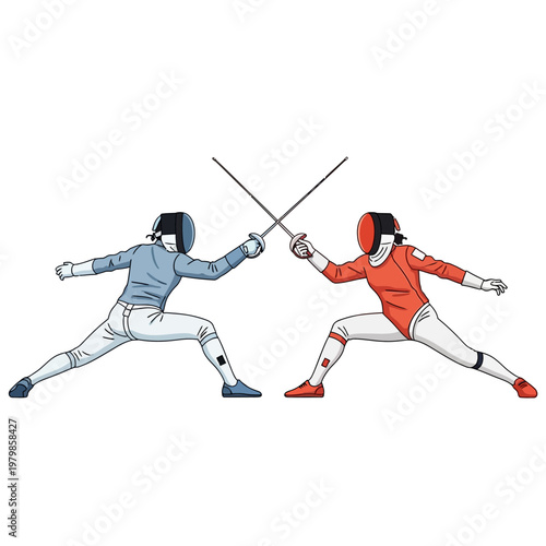 Two Fencers in Combat, Crossed Swords, Athletic Competition, Vector Illustration