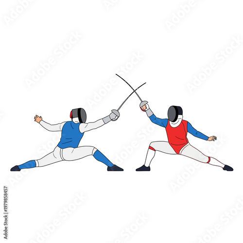 Two Fencers in Combat, Sword Fighting, Athletic Competition, Sports Illustration