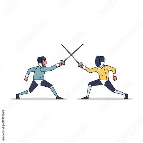 Two Fencers in Protective Gear Duel with Swords on White Background