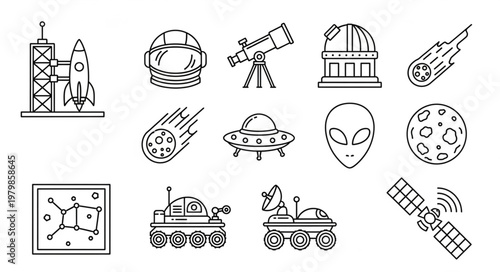 Space exploration icons rocket telescope alien moon rover satellite.