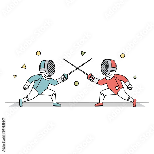 Two Fencers in Protective Gear Duel with Swords on White Background