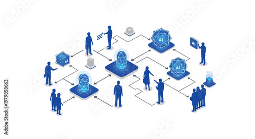An isometric vector illustration depicting a connected network of human silhouettes interacting with various artificial intelligence nodes and data.