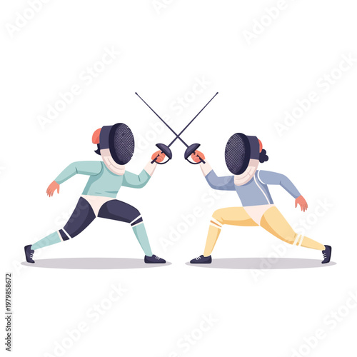 Two Fencers in Protective Gear Duel with Swords on White Background