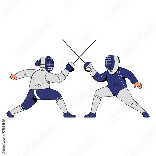 Two Fencers in Protective Gear Duel with Swords, Sports Illustration