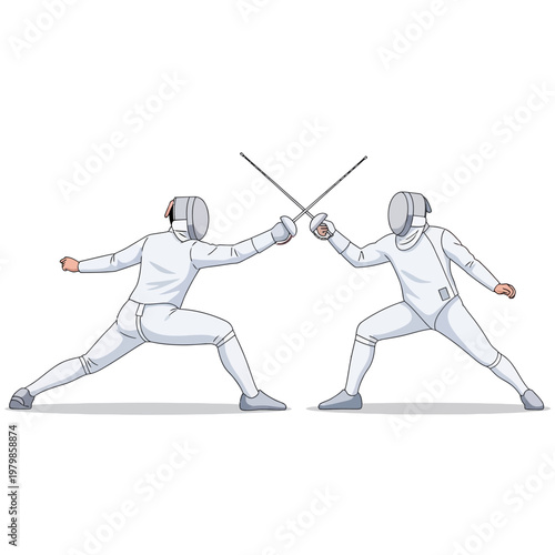 Two Fencers in Protective Gear Sparring with Swords on White Background