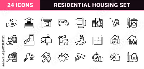 Real estate and property management minimalist thin line icon set
