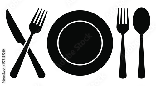 Spoon, fork and cutlery icon collection, restaurant symbol, knife and plate vector illustration, dining utensils, food service icons, flat vector graphics for menu design, apps, websites, and culinary