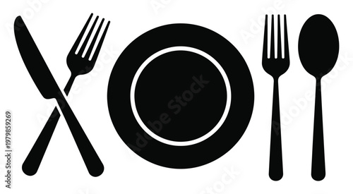 Spoon, and fork icon set, restaurant symbol, knife, plate, spoon, cutlery vector illustration, dining utensils, food service icons, flat vector graphics for menu design, apps, websites, and restaurant