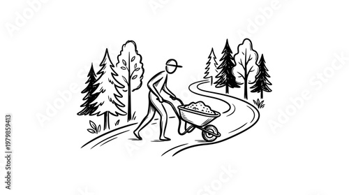 Man Pushing a Wheelbarrow on a Winding Path