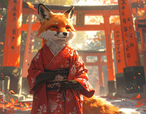 神社の千本鳥居をお詣りする和服を着た狐