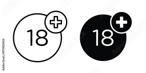 18 Plus icon. Flat and outline icons. Black icons