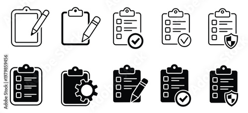 Clipboard checklist icon set vector tasks management and security symbol, project control checklist approval form completed task tracking and quality assurance system vector