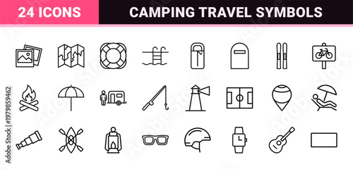 Recreation and camping minimalist thin line icon collection