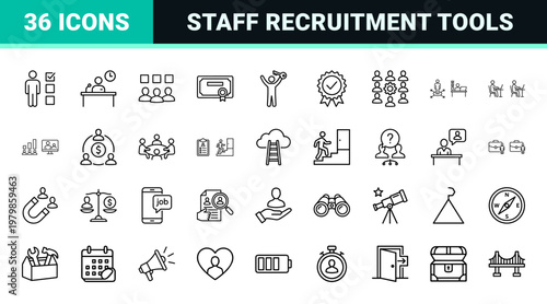 Professional recruitment and hr line icons set