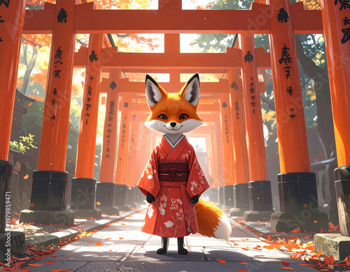 神社の千本鳥居をお詣りする和服を着た狐