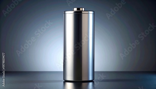 Sleek metallic cylindrical battery cell standing upright on dark reflective surface with soft blue gradient background