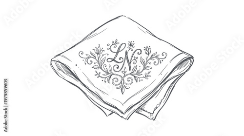 Elegant Hand-Drawn Handkerchief with Floral Design