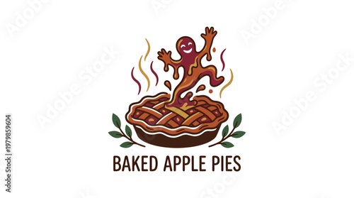 Jumping Gingerbread Man Emerging From Fresh Baked Apple Pie