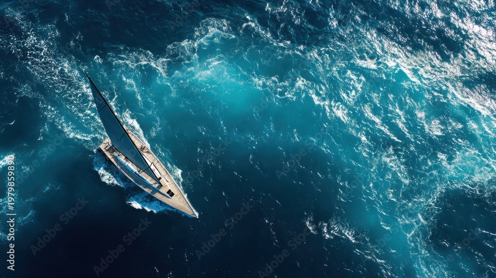Obraz premium Aerial View of a Sailboat Navigating the Turquoise Ocean Waves