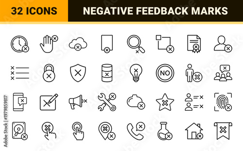 Reject and decline line icon set with cancel and error symbols