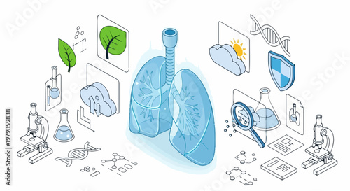 Isometric Human Lung Research Illustration for Respiratory Health, Air Quality Monitoring, and Medical Science