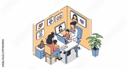 Isometric Pediatrician Office Illustration with Doctor, Mother, and Children using Telemedicine Laptop for Online Medical Consultation