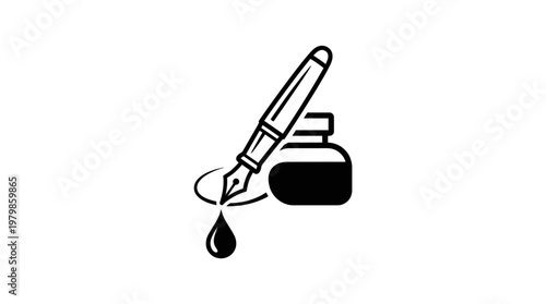 Elegant Black and White Icon of Fountain Pen and Ink