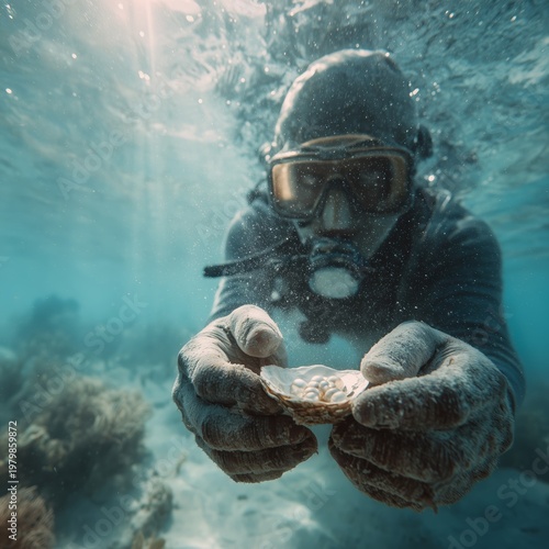 An underwater diver in a mask holds a seashell with pearls in his hands. The sun's rays penetrate through the water, creating conditions for exploring the atmosphere and underwater world.