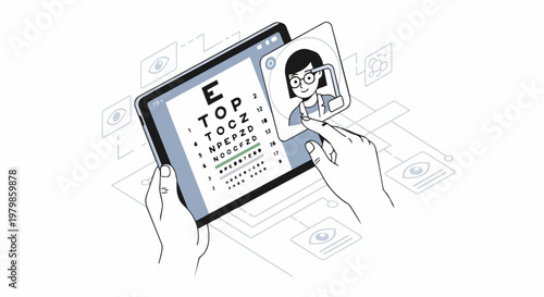 Online Digital Eye Exam and Vision Test on Tablet App with Optician Telemedicine Consultation Illustration