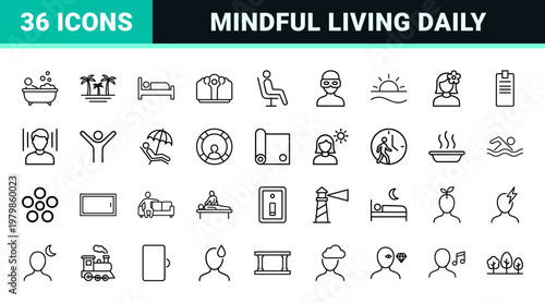 Minimalist relaxation and spa wellness icon set in line art style