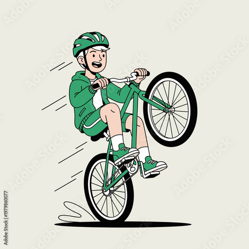 Young boy in green helmet and outfit performing a bicycle wheelie with speed lines.