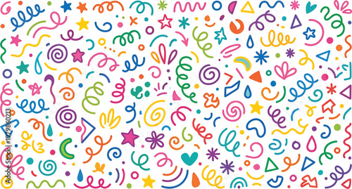 A colorful and vibrant illustration featuring a diverse array of whimsical doodles and shapes   . Ai, eps, jpg, transparent background, png