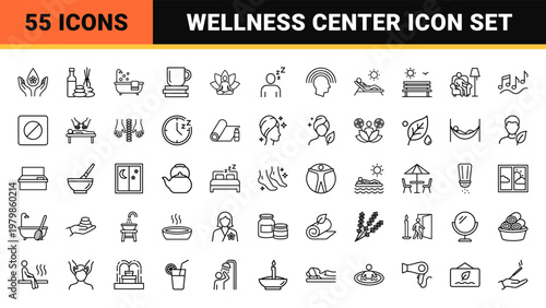 Health and wellness spa relaxation line icon set