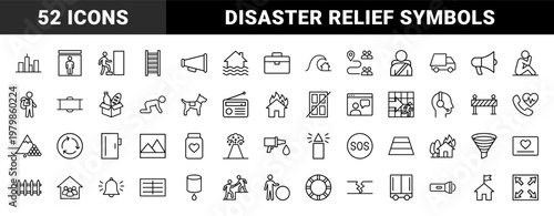Disaster response and emergency evacuation outline icon set