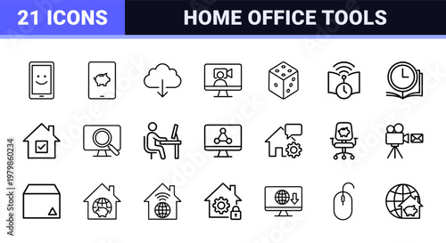 Minimalist remote work and home office line icon set