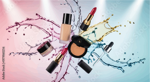 Various makeup products including lipstick, foundation, and powder compact are suspended amidst colorful liquid splashes on a gradient background.