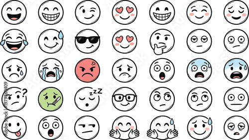 A collection of various emoticon faces expressing different emotions    Ai, eps, jpg, transparent background, png