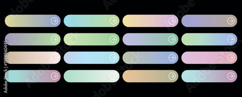Modern pastel gradient web buttons set, 16 colorful glassmorphism UI elements with arrow icons, sleek rounded navigation bars for mobile apps