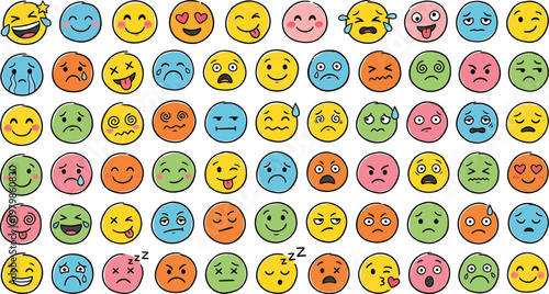A colorful array of emoticon faces expressing various emotions    Ai, eps, jpg, transparent background, png