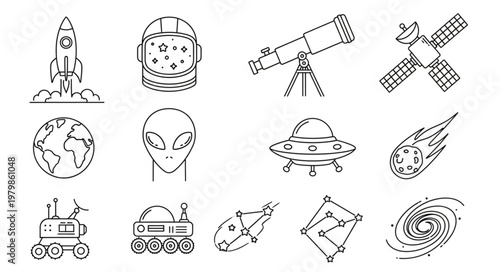 Space exploration and science fiction icons in a doodle style.