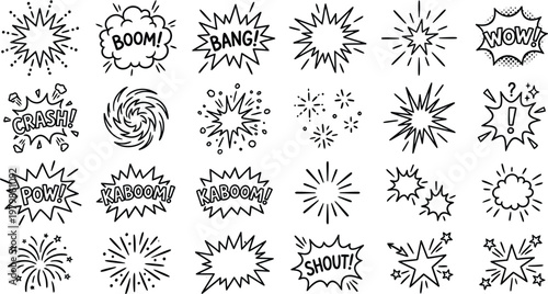 A collection of comic book style explosion and sound effect illustrations    Ai, eps, jpg, transparent background, png