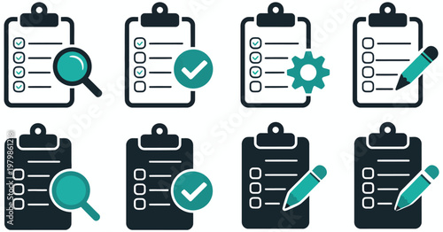 Clipboard with check mark different style icon set line solid and filled outline colorful icon vector sign and symbol checklist clipboard icon