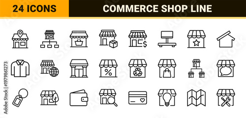 Retail market storefront line icons set for commerce and shopping business.