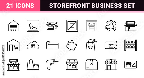 Retail market and ecommerce line icon set with storefront and shopping symbols