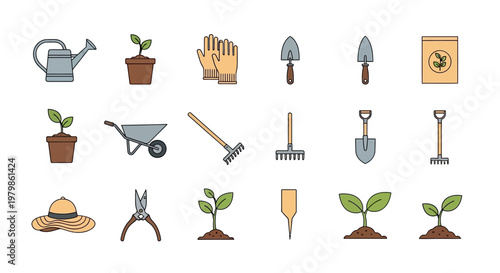 Gardening Tools and Plants Icon Set for Cultivation and Horticulture.