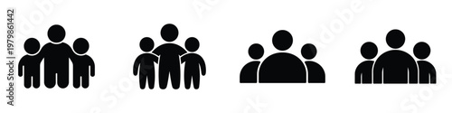 People and Team Icon Set – Family Group, Three Person Silhouette, Unity and Friendship Symbol, Community Network, Leadership and Teamwork Concept, Black Pictogram Vector Illustration