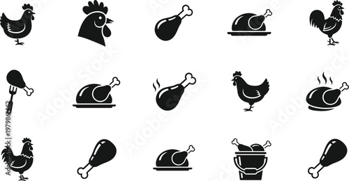 Chicken and poultry icons silhouette set. Rooster, hen, drumsticks and roasted meat symbols. Simple black food icon vector isolated collection.